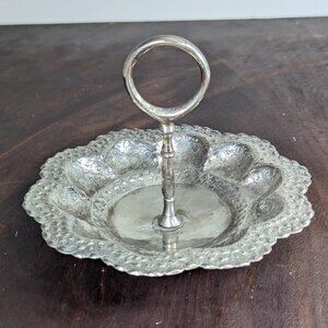 Decorative repousse silver plated ring dish, central handle bonbon dish, candy